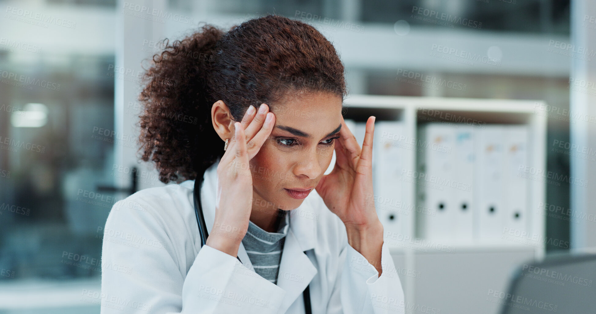 Buy stock photo Stress, doctor and thinking in office, headache and reading of medical research for diagnosis of disease. Hospital, migraine and woman with burnout for healthcare, concentration and working with pain