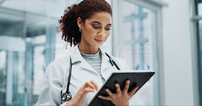 Buy stock photo Tablet, woman and doctor with telehealth, networking and reading info at hospital with tech. Digital, research and online medical advice with clinic app for planning and results for web consultation