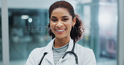 Buy stock photo Doctor, portrait and smile in hospital for healthcare, wellness and professional medical service. Black woman, face and happy in clinic for health results, confidence and consulting with stethoscope