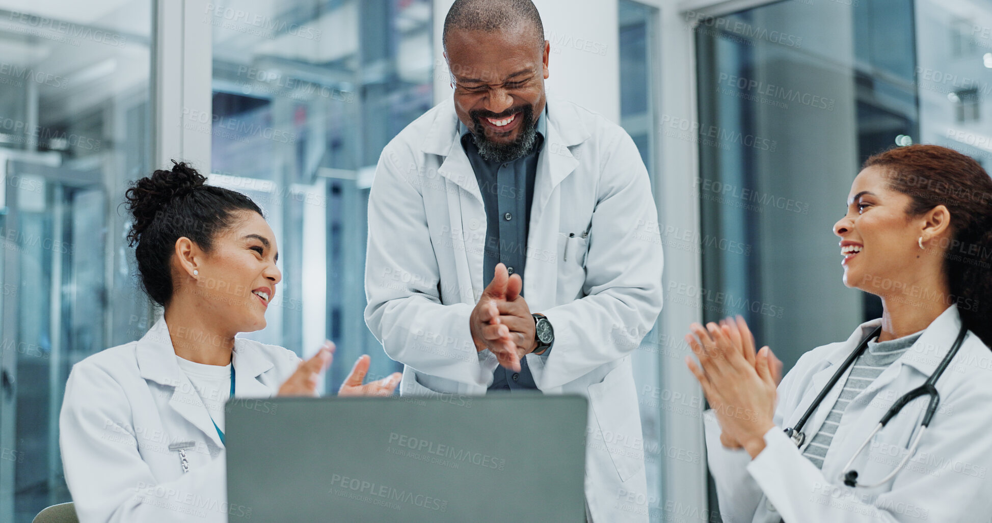 Buy stock photo Celebrate, results or doctors clapping with laptop, good news or surgeon reading health treatment progress. Meeting, research or online medical innovation in hospital for development or achievement