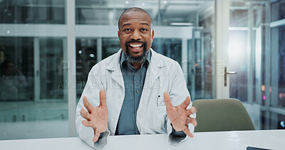 Buy stock photo Black man, portrait and consulting with video call for meeting, online consultation or telehealth at hospital. POV of African male person or healthcare employee talking with smile for medical advice