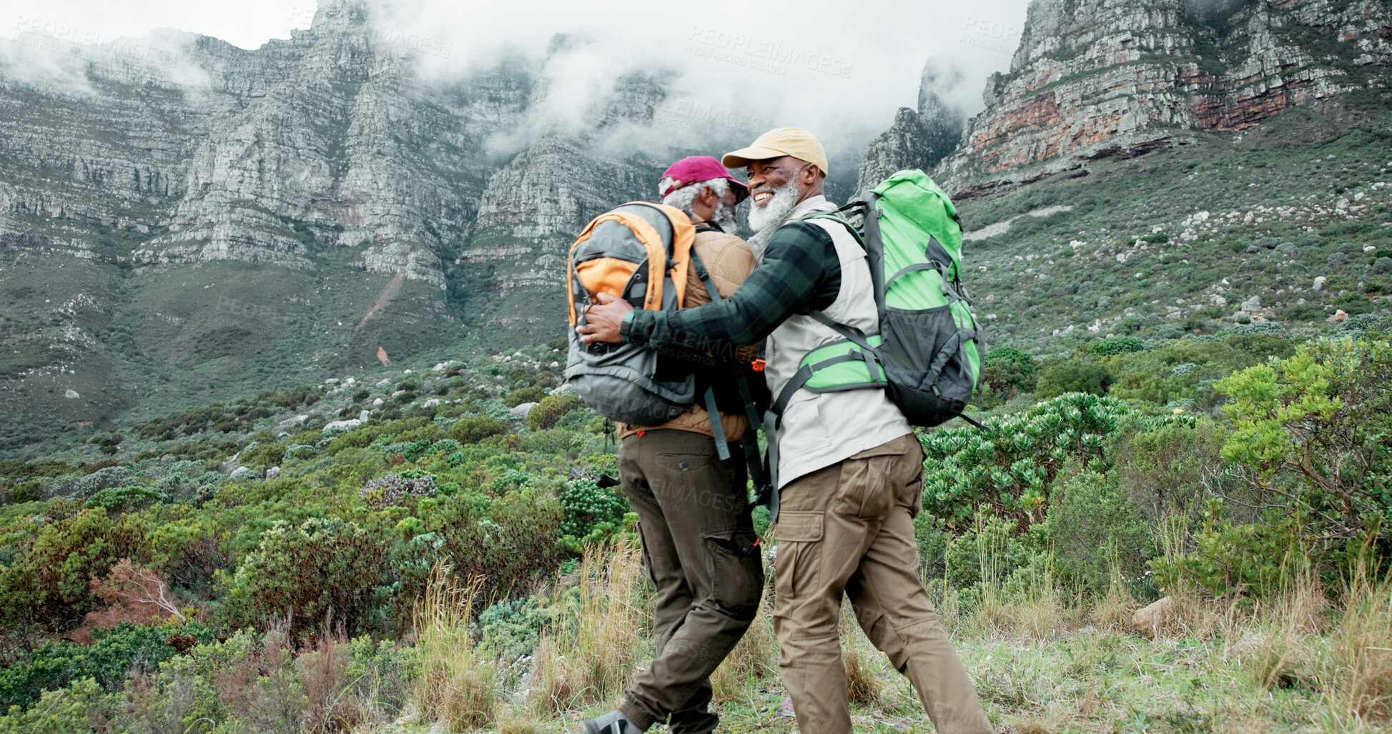 Buy stock photo Success, hug or happy people hiking on mountain in outdoor adventure celebration in nature travel. Fitness goal, winning or senior friends in forest for success, achievement or trekking to explore