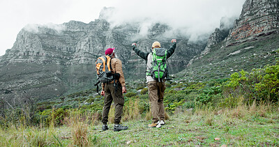 Buy stock photo Victory, freedom or friends hiking on mountain in outdoor adventure celebration in nature travel. Fitness goal, back view or excited people in forest for success, achievement or trekking to explore