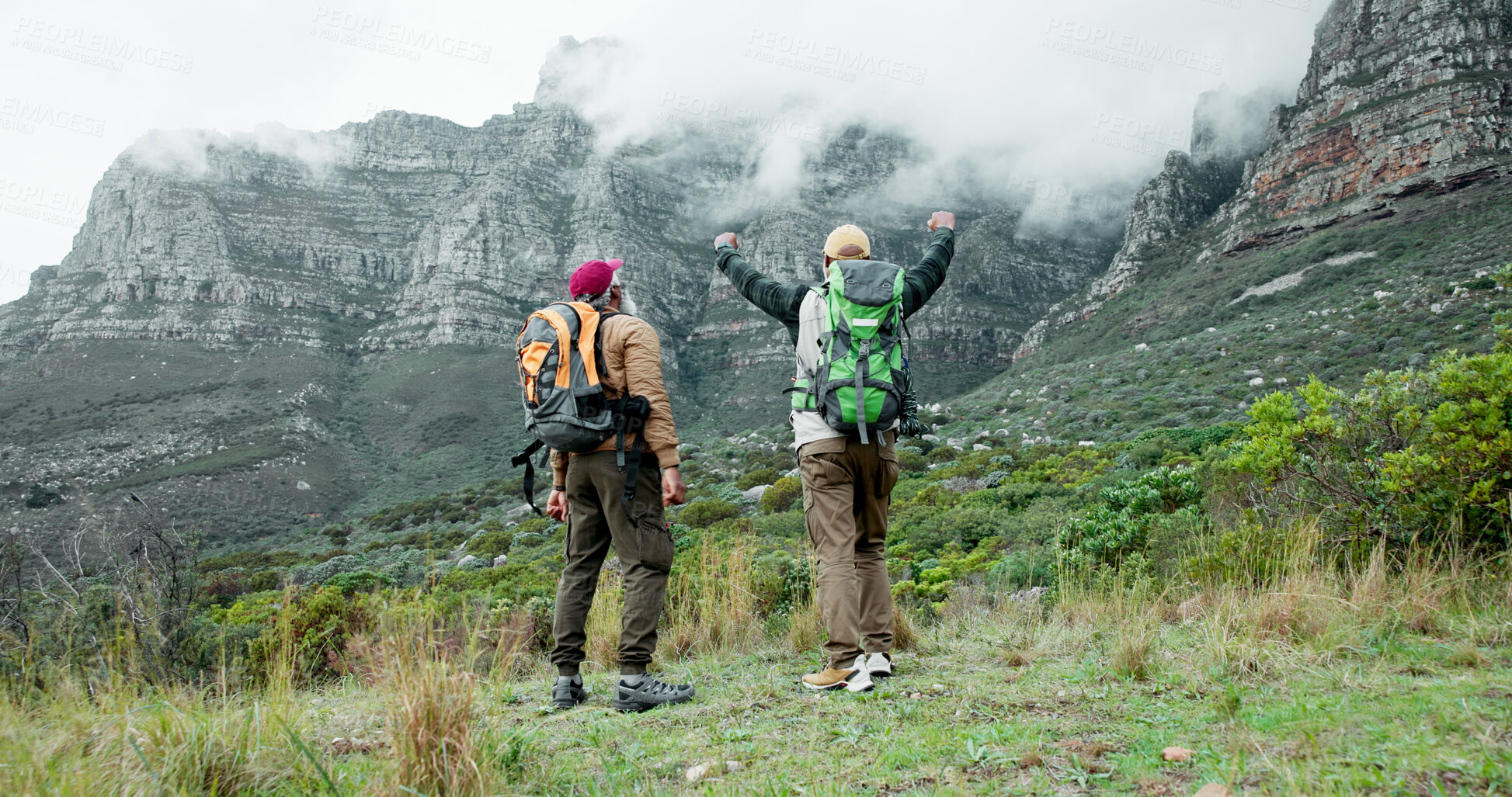 Buy stock photo Victory, freedom or friends hiking on mountain in outdoor adventure celebration in nature travel. Fitness goal, back view or excited people in forest for success, achievement or trekking to explore