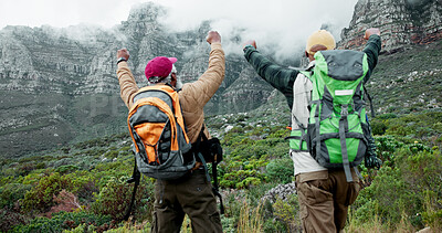 Buy stock photo Victory, freedom or people hiking on mountain in outdoor adventure celebration in nature travel. Fitness goal, winning or back of friends in forest for success, achievement or trekking to explore