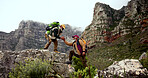 Mountain, hiking and senior men with helping hand for support, physical activity or climbing together. Sky, trekking and elderly person with friend for cardio workout, exercise or assistance in Cuba