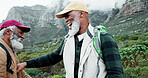 Nature, laughing or friends on trail hiking outdoor adventure or journey in forest or mountain travel. Funny joke, fist or people in woods for holiday vacation, break or trekking to explore together