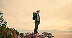Sky, mountain peak or black man hiking for view in outdoor adventure in nature for travel or break. Mature, clouds mockup space and hiker on hill for holiday vacation, exercise or trekking to explore