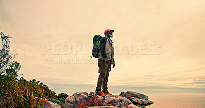 Buy stock photo Sky, mountain peak or black man hiking for view in outdoor adventure in nature for travel or break. Mature, clouds mockup space and hiker on hill for holiday vacation, exercise or trekking to explore