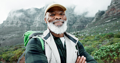 Buy stock photo Portrait, crossed arms or black man hiking in nature adventure or journey for outdoor travel. Confident, smile and happy senior hiker on mountain for holiday, retirement or trekking to explore France