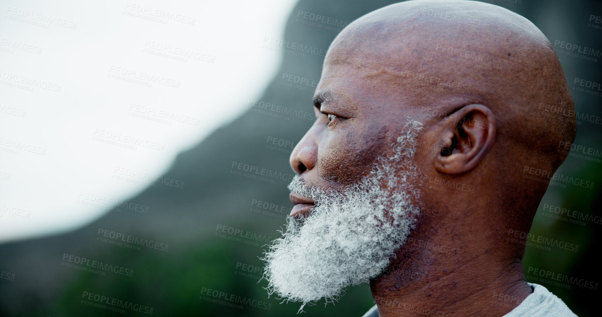 Buy stock photo Black man, mature and thinking in nature for fitness, peace and healthy body accomplishment. Senior person, mindset and rest on mountain for hiking, wellness and scenic view on break in retirement