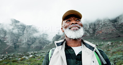 Buy stock photo View, mountain or senior black man hiking in outdoor adventure or journey in nature for travel. Face, thinking and happy person on trail walking for holiday, break or trekking to explore in France