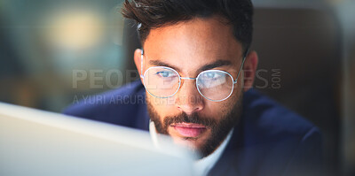 Buy stock photo Thinking, night and man with glasses, laptop and test of software for cybersecurity, programmer and office. Serious, vision and employee for coding of website, IT and information technology in dark