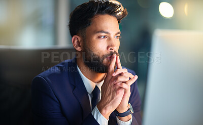 Buy stock photo Business, man and thinking with computer in office for problem solving, trading solution or stock market ideas. Professional, trader or planning at night with cryptocurrency contemplation or review