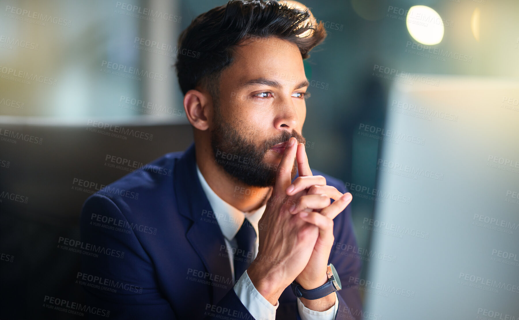 Buy stock photo Business, man and thinking with computer in office for problem solving, trading solution or stock market ideas. Professional, trader or planning at night with cryptocurrency contemplation or review