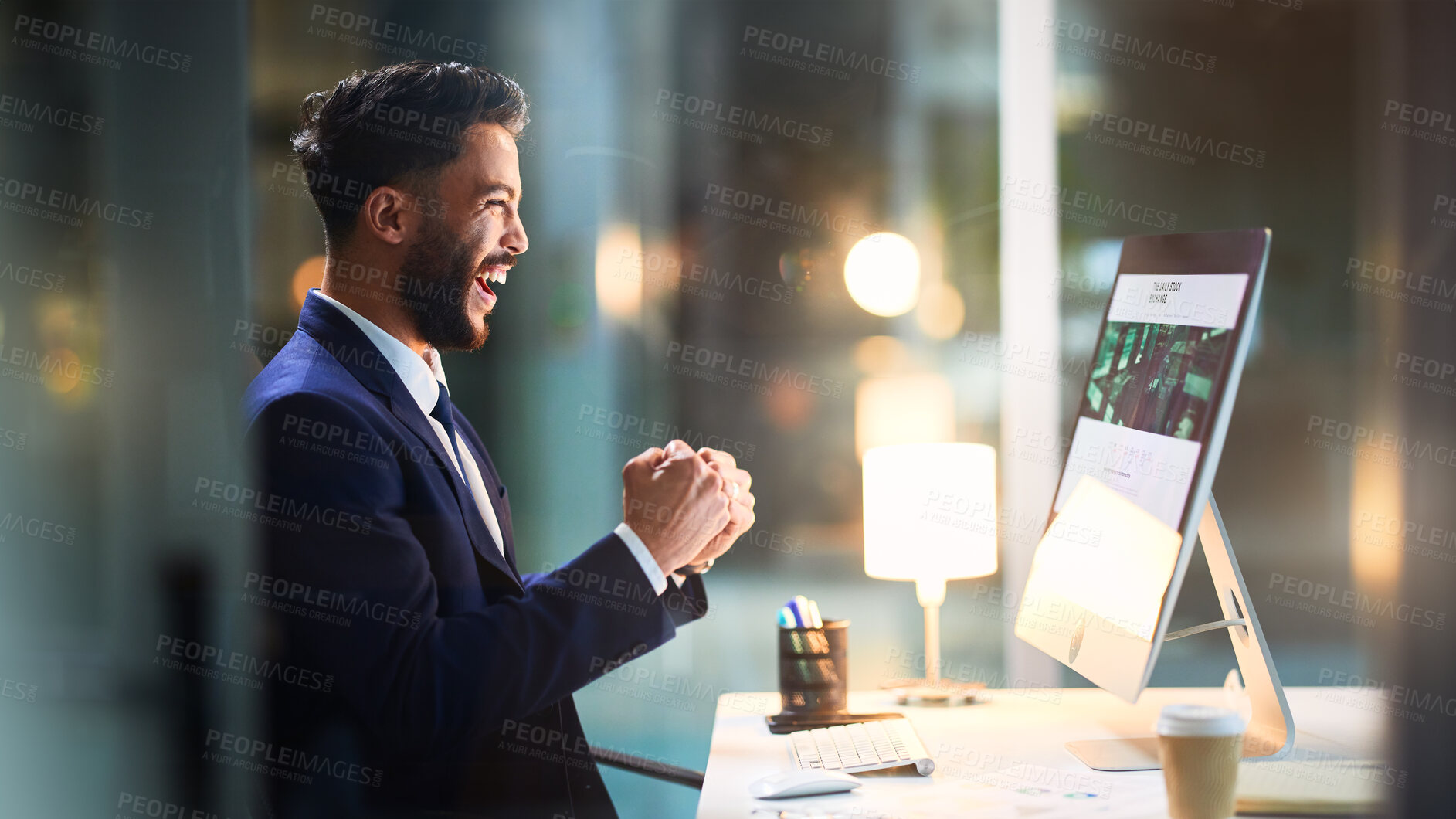 Buy stock photo Computer, night and business man celebrate success, reward and winning lottery in office. Yes, excited and worker reading email for good news, goal achievement and  bonus promotion for opportunity