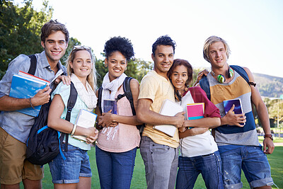 Buy stock photo Books, portrait or students in park at college, campus or  together with community, smile or group. University, diversity or happy people bond with support, hug or solidarity in education in garden