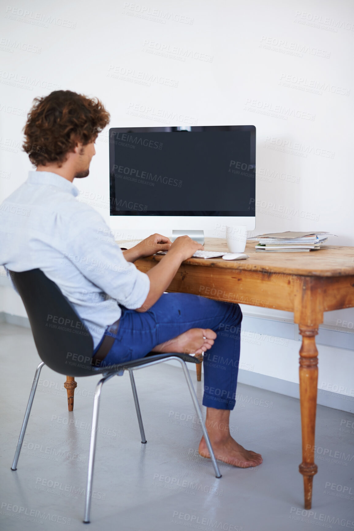 Buy stock photo Business man, working and blank computer screen in home office for productivity and online research on creative project. Journalist, writing or editing on keyboard or remote work for digital magazine
