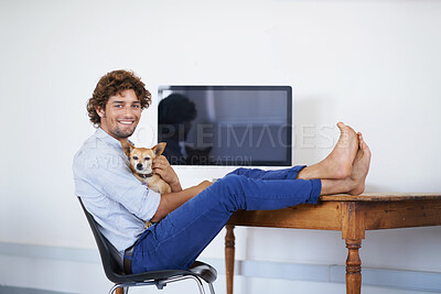 Buy stock photo Happy man, computer screen or portrait with dog for work or technology mock up for online publisher in agency. Young guy, face or desktop for company with pet or feet on table to relax with chihuahua