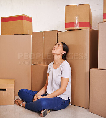 Buy stock photo Woman, moving and boxes in living room for real estate, property investment and mortgage of new apartment. Homeowner, tired and female person with cardboard for home loan, relocation or renovation.