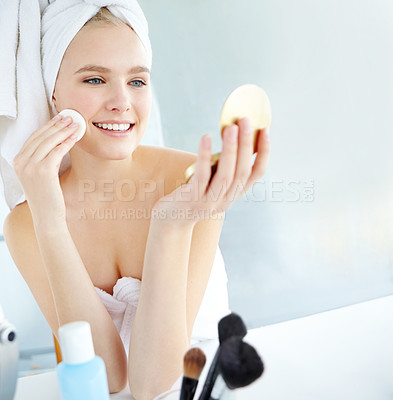 Buy stock photo Woman and cotton pad with mirror for skincare at house of facial hygiene, wipe makeup and dermatology glow. Girl, product and cosmetic for natural benefits, shine results and beauty transformation