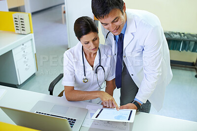 Buy stock photo Doctor, nurse and reception discussion on tablet, talking and planning for patient schedule in clinic. Medical worker, healthcare service and people together, teamwork and email results in hospital
