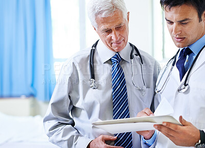 Buy stock photo Doctors, training and tablet for consulting support on clinic website, update and review medicine. Staff, senior physician and medical collaboration for treatment to help, surgery schedule and team