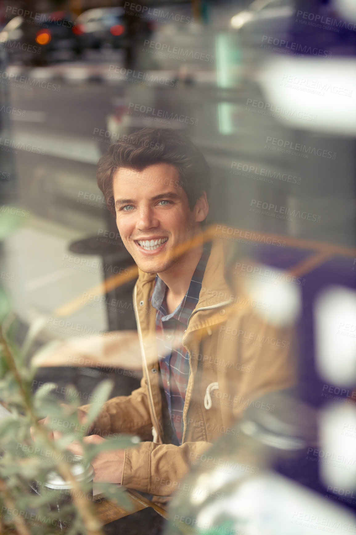 Buy stock photo Remote work, portrait and smile with creative man in coffee shop window for freelance job, report and email. Cafe, freelancer and technology with writer for copywriting, online article and website