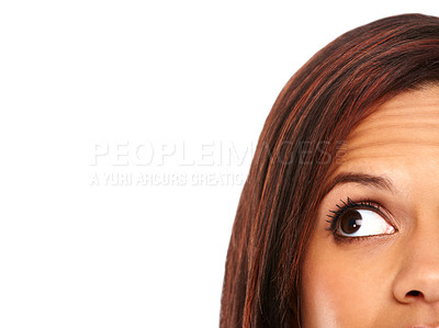 Buy stock photo African woman, eyes and shocked in studio for wow deal, announcement or breaking news with looking up. Female person, mockup space and surprise for information, secret or discount on white background