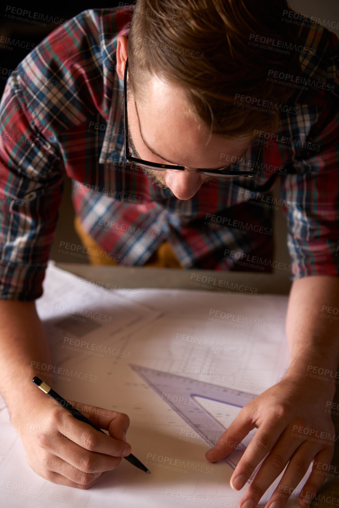 Buy stock photo Closeup, man and architect sketch blueprint, construction for engineering and renovation project with drawing tools. Floor plan, design and property development with architecture and creativity