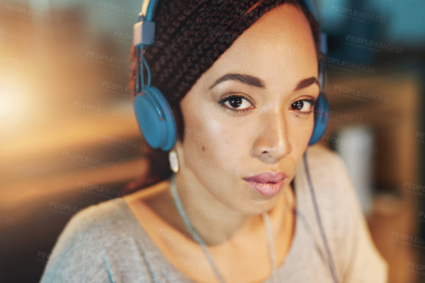 Buy stock photo Portrait, business and woman with headphones, listening to music and audio, connection and serious. Face, person or consultant with headset, sound and podcast with streaming for song and radio