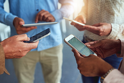 Buy stock photo Hands, employees and technology in office for networking with communication and connection. Business, people and sharing information or data with texting on social media with coworking on research