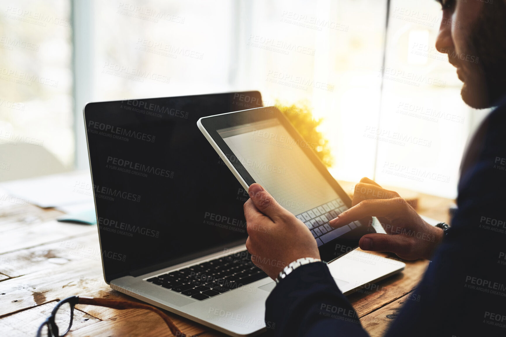 Buy stock photo Office, tablet screen and business man for typing, deadline schedule and important notes on desk. Workplace, male administrator and digital for to do list, project ideas and planning with information