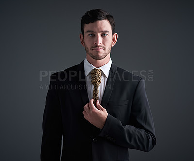 Buy stock photo Businessman, portrait and noose tie with corporate stress, finance debt and economy pressure. Model, metaphor and cost crisis with financial bondage, failure and execution on gray studio background