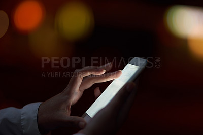 Buy stock photo Phone, hand and person scroll closeup for information, research and networking at night on deadline. Mobile, screen and employee check email, update and business notification for project with broker