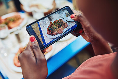 Buy stock photo Food, smartphone and hands at restaurant for photography, social media or status update from behind. Woman, influencer screen and meal at cafeteria for blog, post or online review for followers