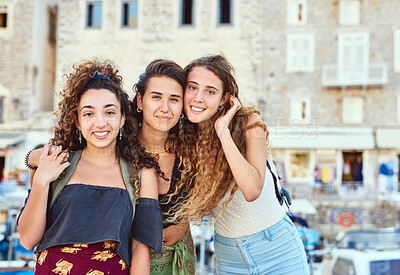 Buy stock photo Travel, hug and portrait of women in city to explore for holiday, vacation and adventure together. Happy friends, fashion and people embrace and smile for journey, relax and tourism in Barcelona