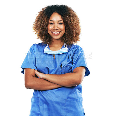 Buy stock photo Portrait, black woman and nurse with arms crossed in studio isolated on white background. Face, healthcare or confident, proud and happy female medical physician from Nigeria ready for wellness goals