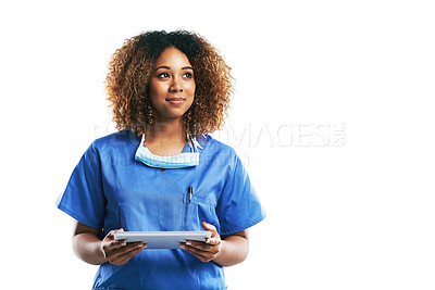 Buy stock photo Nurse, healthcare and black woman with tablet in studio isolated on a white background mock up. Technology, wellness and thinking female medical physician with touchscreen for research or telehealth.