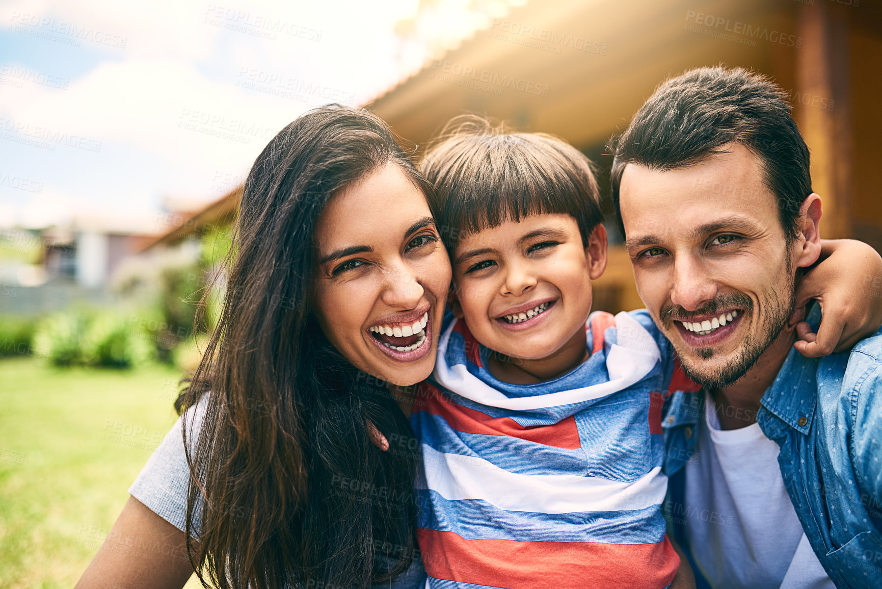 Buy stock photo Happy family, portrait smile and hug for fun bonding, joy and relaxing together on holiday weekend outdoors. Mother, father and child face smiling and hugging in joyful happiness outside their house