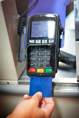 Buy stock photo Hands, pos machine and credit card for payment, banking and account funds for access, money and debit. Closeup, person and transaction with mockup space, cashless purchase or sale in digital scanner