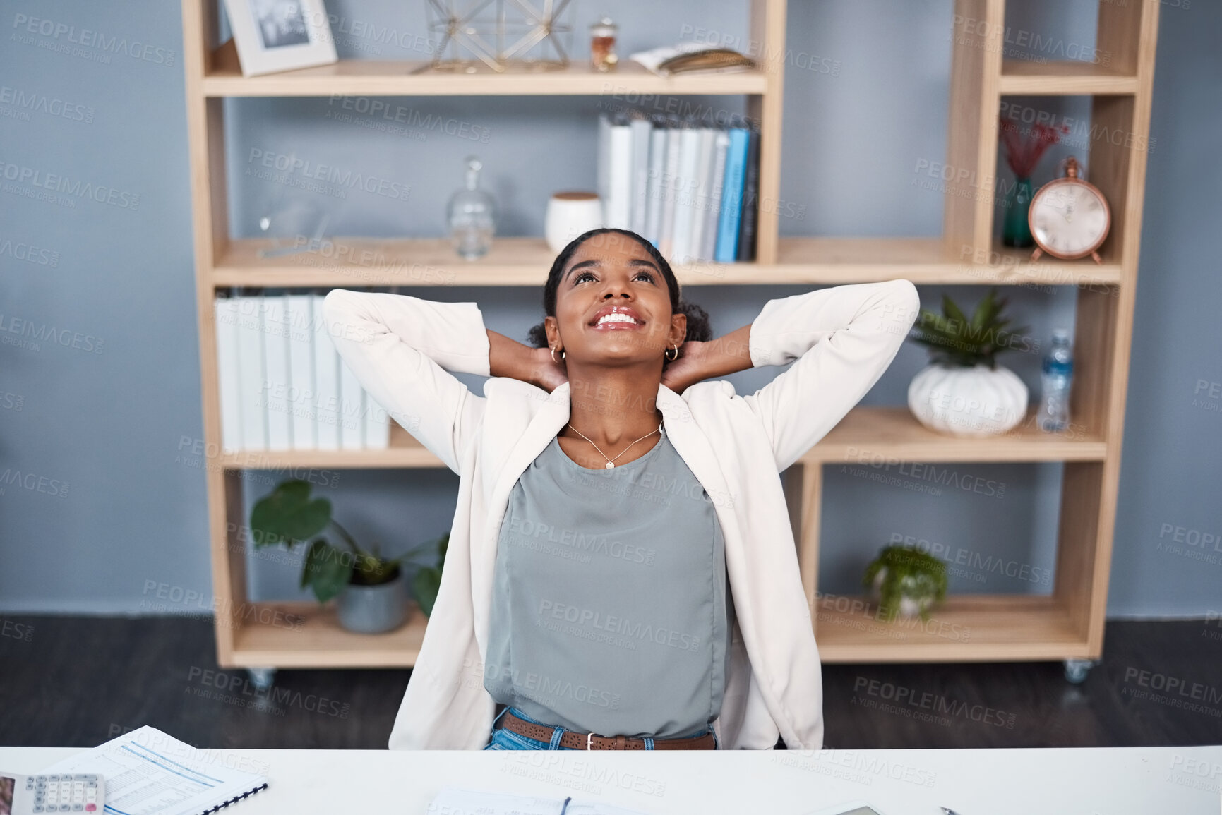 Buy stock photo Business, stretching and black woman in office with smile, satisfaction and achievement for financial project. Relax, success and happy consultant at desk with deal, growth or development at agency