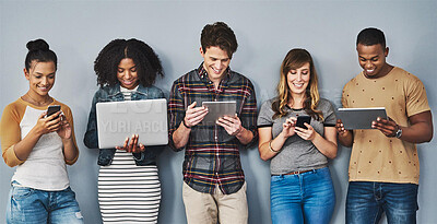 Buy stock photo Job search, interview and business people with tech in waiting room for onboarding registration, sign up or survey. Hiring, recruitment or group at hr office with paperless resume on wall background