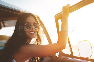 Buy stock photo Road trip, break and woman with smile in portrait for outdoor summer vacation, sunset and travel. Drive, adventure and person with sunglasses by car door for sightseeing, holiday or tourism in Greece