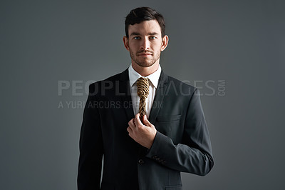 Buy stock photo Businessman, portrait and noose tie with accounting stress, finance debt and economy pressure. Model, metaphor and cost crisis with financial bondage, failure and execution on gray studio background