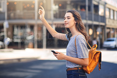 Buy stock photo Phone, smile and taxi with woman on sidewalk of city for commute, sightseeing or travel. App, hand gesture and ride share with happy tourist person hailing cab or transport outdoor in urban town