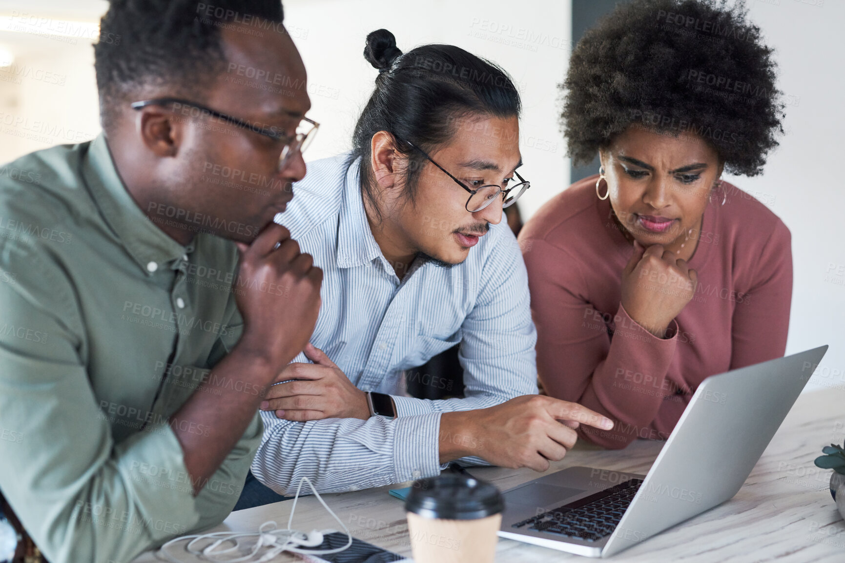 Buy stock photo Teamwork, employees and office with pointing on laptop for proposal with diversity, business and collaboration. People, coworking and feedback on report or results with planning and brainstorming