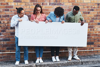 Buy stock photo Diversity, marketing and poster mockup of people outdoor on city street with brick wall background. Advertising, business or space on banner with man and woman employee group together in urban town