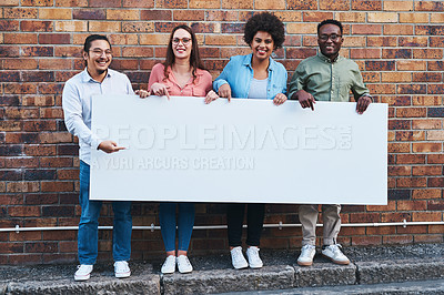 Buy stock photo Advertising, portrait and space on poster of people outdoor on city street together with brick wall background. Business, diversity or mockup on banner for marketing with man and woman employee group