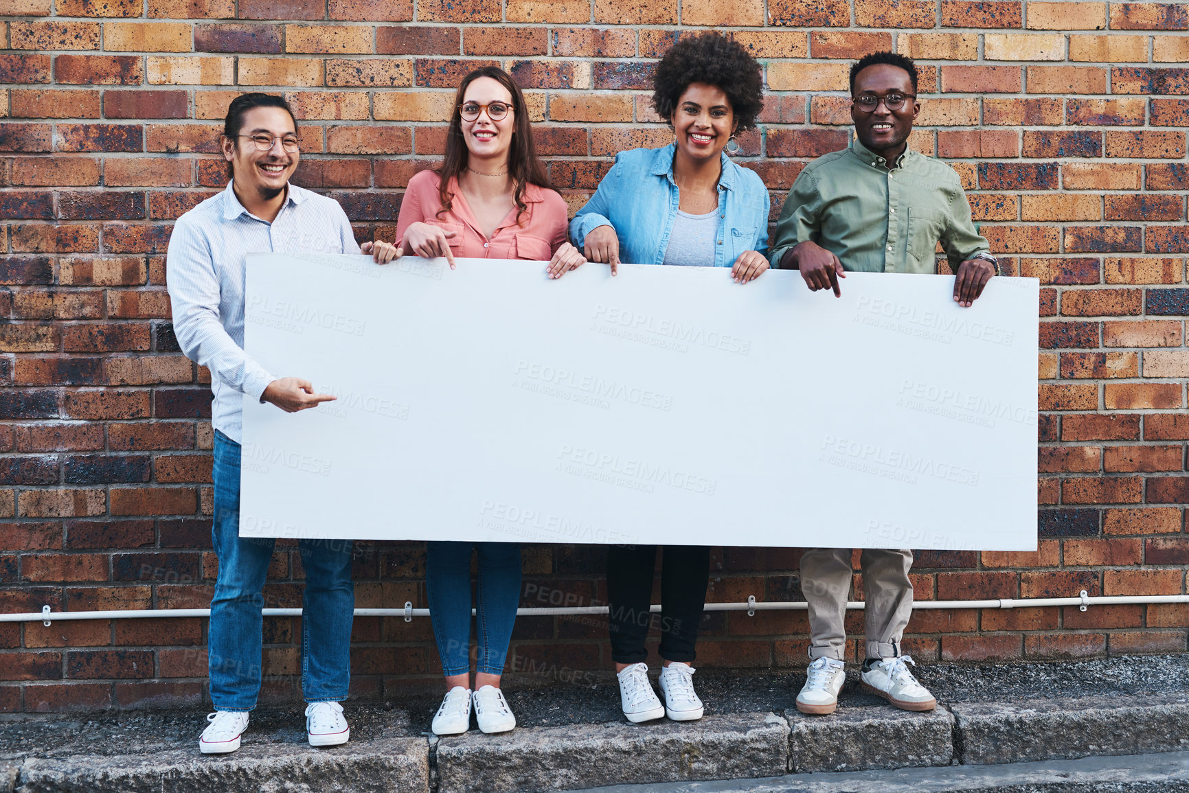 Buy stock photo Advertising, portrait and space on poster of people outdoor on city street together with brick wall background. Business, diversity or mockup on banner for marketing with man and woman employee group